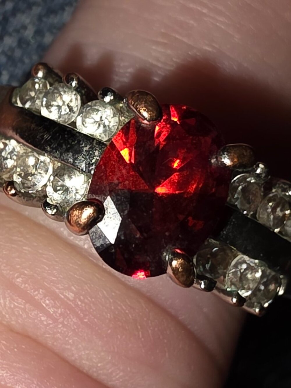Red Gemstone Ring Oval Cut Rhinestone Accent Band Silver Tone Size approx 7.25